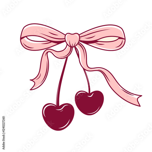 Hand drawn coquette red cherry, pink bow, ribbon. Cute girly design for Valentines day, wedding, birthday, branding, party. Vintage vector illustration on transparent background