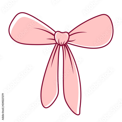 Hand drawn coquette pink bow, ribbon. Cute girly design for Valentines day, love invitation, greeting card, hen party. Vintage vector illustration on transparent background