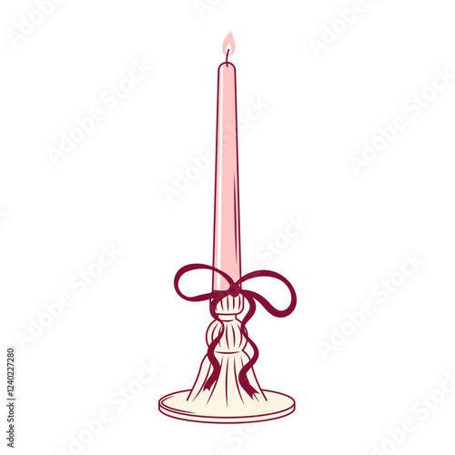 Hand drawn coquette pink candle with bow. Cute girly design for Valentines day, wedding, birthday, bachelorette party. Vintage vector illustration on transparent background