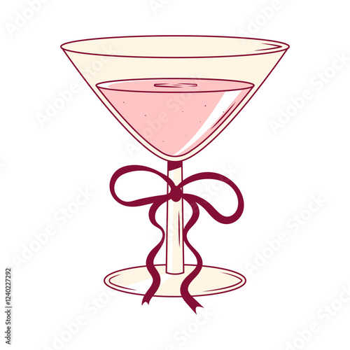 Hand drawn coquette pink cocktail martini with bow. Cute girly design for Valentines day, wedding, birthday, hen party, menu. Vintage vector illustration on transparent background
