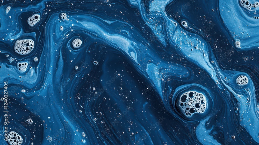 Abstract blue liquid swirls with silver glitter and bubbles. Abstract blue liquid swirls with silver glitter and bubbles.