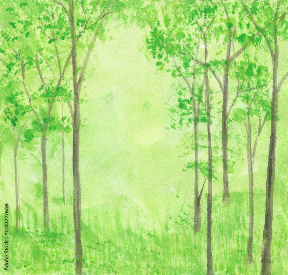 Obraz premium Watercolor painting nature background of green forest with trees and grass on paper. landscape nature. illustration for spring or autumn and tropical concept. Hand painted texture style.