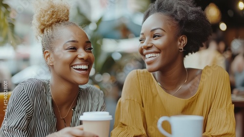 Two women sitting in a cafe, smiling and engaging in a friendly talk over coffee