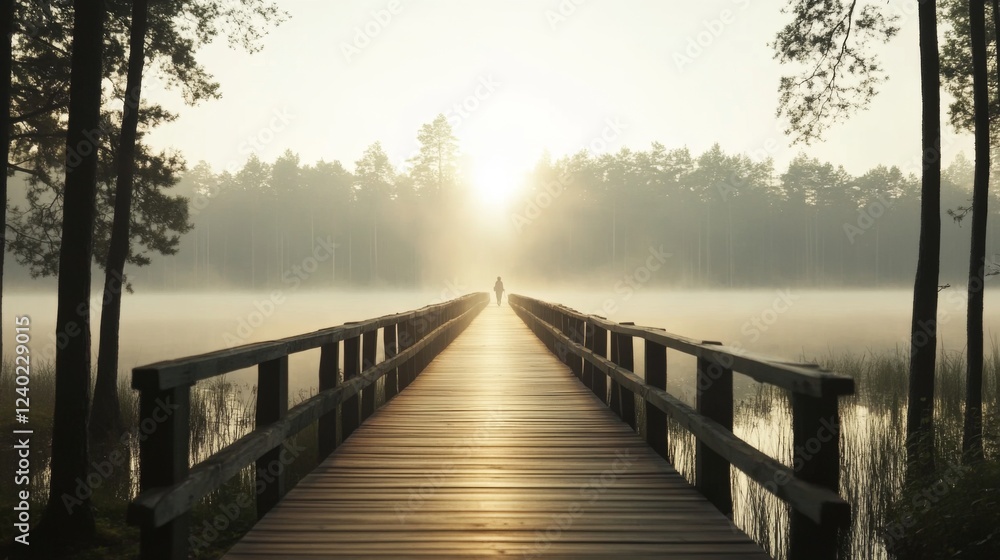Fototapeta premium Solitary figure walks on misty lake bridge at sunrise