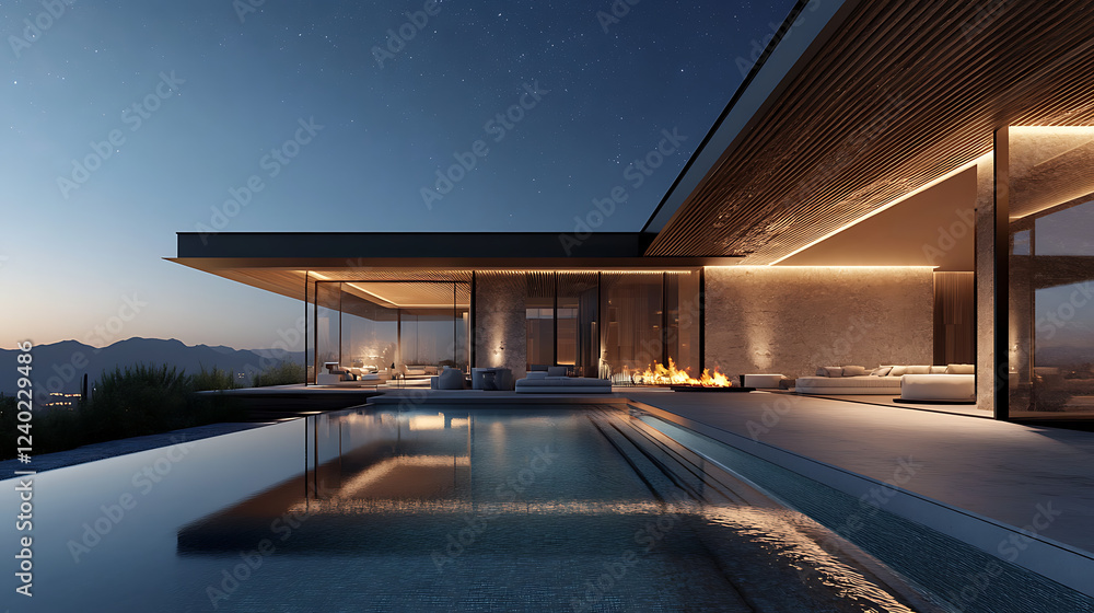 custom made wallpaper toronto digitalA modern luxury villa at dusk, featuring sleek architecture, a tranquil pool, and stunning mountain views illuminated by soft lighting.