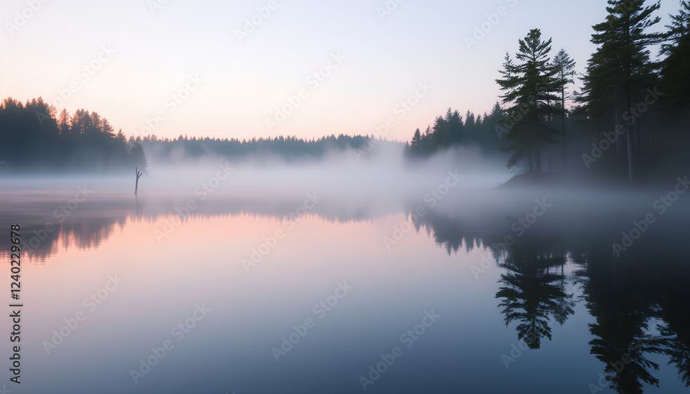 Fototapeta premium Serene Lake Landscape with Mist and Trees at Sunrise