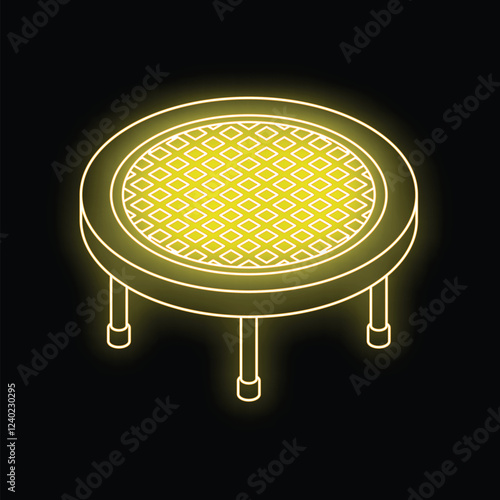 Round fitness trampoline on black background with springs, glowing yellow neon light