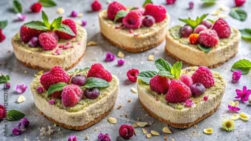 Wallpaper Mural Delicious Heart-Shaped Vegan Cheesecakes Topped with Fresh Raspberries, Blueberries, and Mint Leaves, Arranged on a Textured Surface Decorated with Edible Flowers Torontodigital.ca