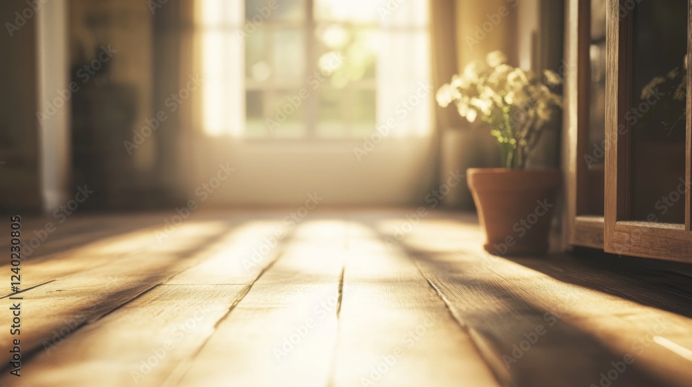 Sunlight streams through window onto wooden floor, plant in pot Sunlight streams through window onto wooden floor, plant in pot