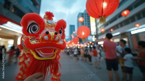 Wallpaper Mural Traditional Lion Dance Mask with Lanterns in Vibrant City Celebration Torontodigital.ca