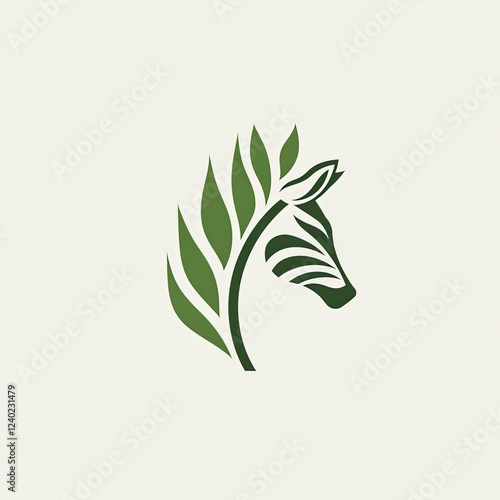 Nature Inspired Minimalist Zebra Head Design with Green Leaves photo