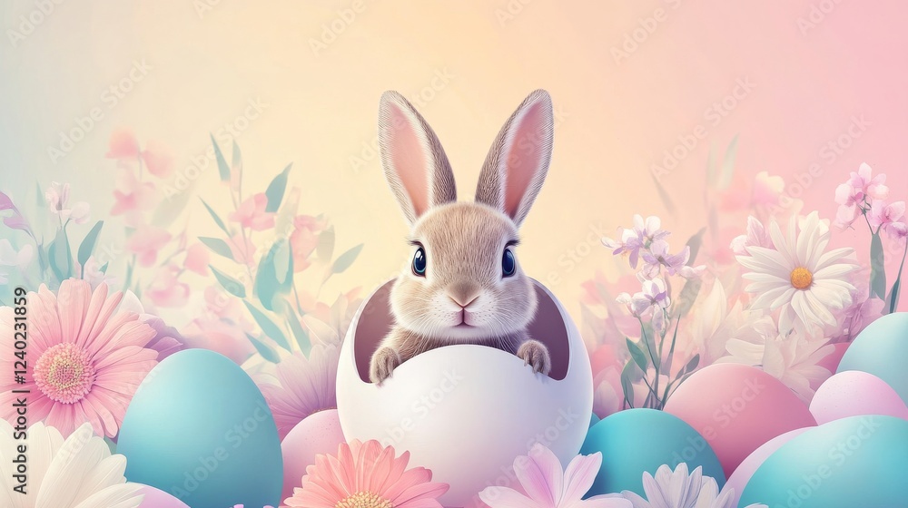 Adorable baby bunny emerging from an egg surrounded by pastel Easter decorations symbolizing spring and renewal Adorable baby bunny emerging from an egg surrounded by pastel Easter decorations symbolizing spring and renewal