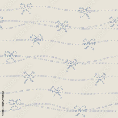 Mooring rope with bows vector seamless patterns in retro style. Sea line background for textile, wrapping, package, scrapbooking. Fisherman aesthetic.