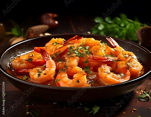 Gambas al Ajillo are garlic shrimp cooked in sizzling olive oil with chili. photo