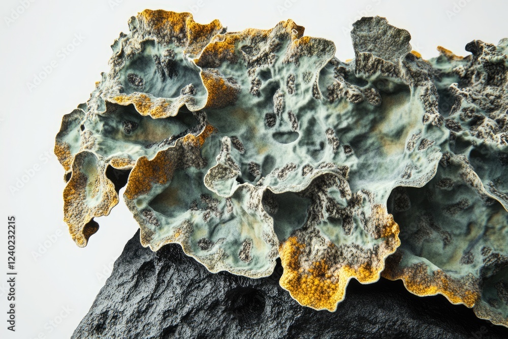 Obraz premium A close-up view of a textured lichen, exhibiting a blend of grey-green and golden-yellow hues on a dark rock.