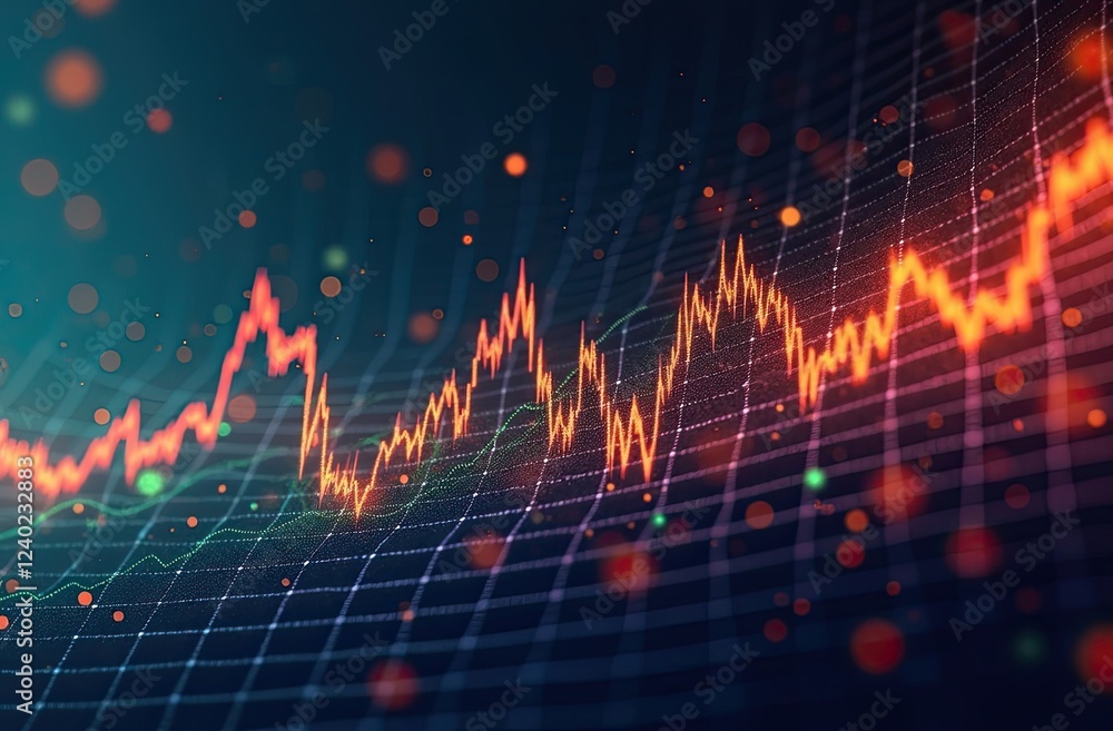 A candlestick chart with glowing blue and red lines against a dark blue background. Scattered dots create a sense of data dynamics and connectivity. The candlestick chart indicates stock market analys A candlestick chart with glowing blue and red lines against a dark blue background. Scattered dots create a sense of data dynamics and connectivity. The candlestick chart indicates stock market analys