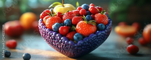 Heartshaped bowl filled with nutritious foods, fresh fruits, vegetables, whole grains, promoting cardiovascular wellness, bright and vibrant colors, ultradetailed, 8K resolution photo