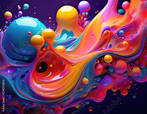 Fluid organic form, painting of color and bubbles, vivid colors, colorful  photo