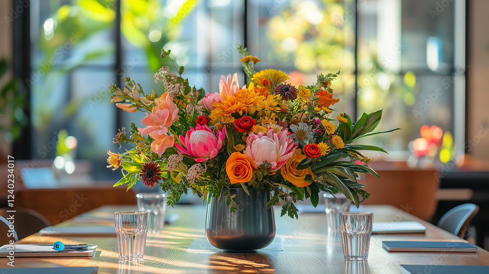 Eleganter Blumenstrauß mit farbenfrohen Blüten in einem modernen Interieur. Generative AI KI Eleganter Blumenstrauß mit farbenfrohen Blüten in einem modernen Interieur. Generative AI KI