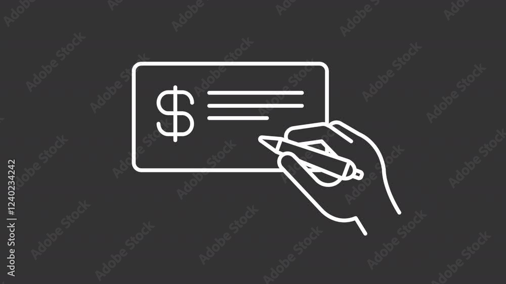 Animated hand signing cheque white icon. Order to pay line animation. Financial instruction for bank institution. Isolated illustration on dark background. Transition alpha video. Motion graphic Animated hand signing cheque white icon. Order to pay line animation. Financial instruction for bank institution. Isolated illustration on dark background. Transition alpha video. Motion graphic