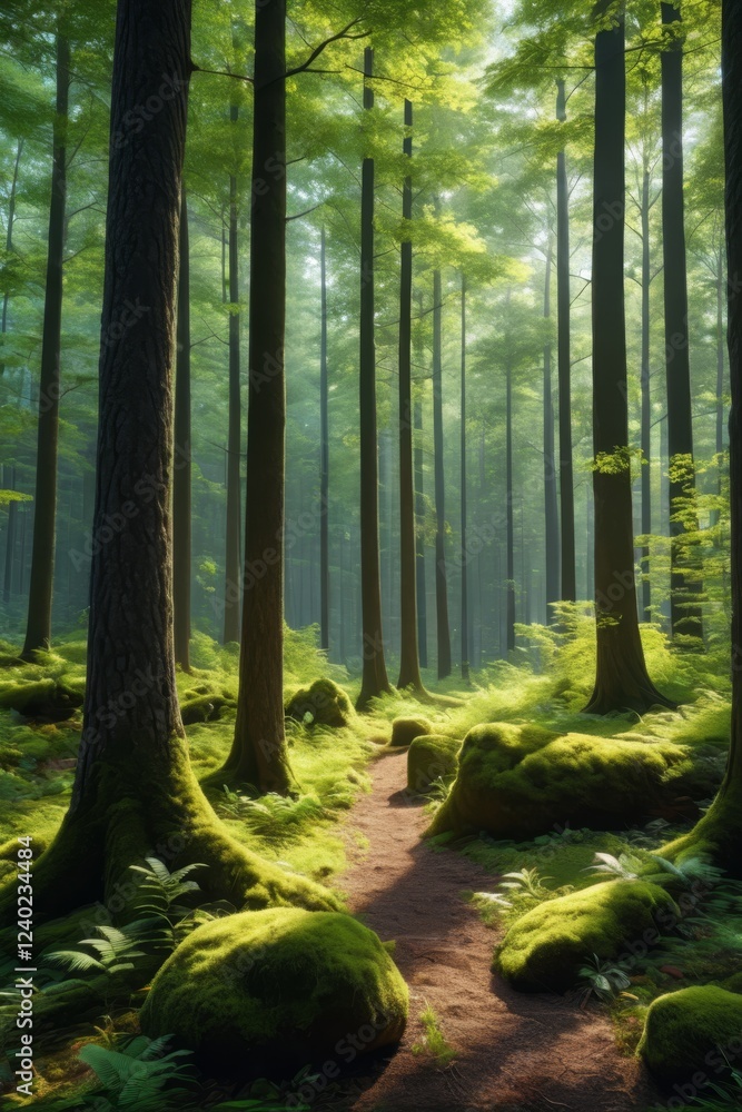 Obraz premium arafed path in a forest with moss covered rocks and trees