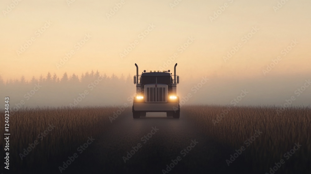 Fototapeta premium Sunrise Truck Drive Rural Field Foggy