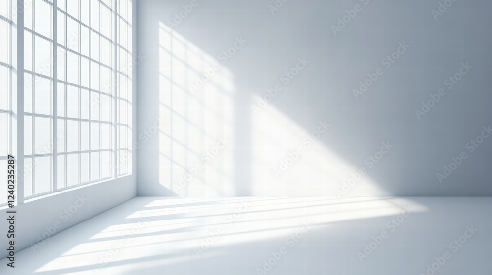 Obraz premium bright, empty room with large windows casting soft shadows on floor, creating serene atmosphere. light filtering through enhances minimalist design