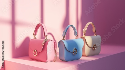 Trendy small handbags with metallic hardware, displayed on muted pastel pink surfaces.