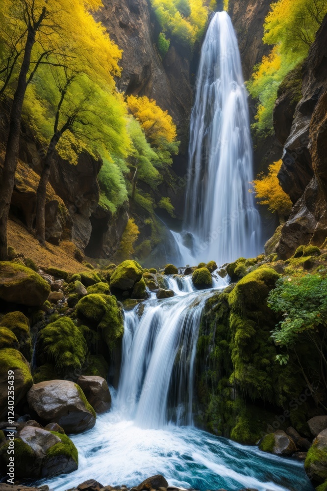 Obraz premium waterfall in a canyon with mossy rocks and trees in the background