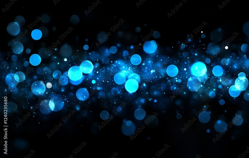 Blue bokeh lights, dark background, glittering, festive design Blue bokeh lights, dark background, glittering, festive design
