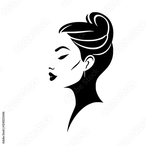 Elegant Woman Profile: A Minimalist Black and White Portrait.  Stylish and classic female silhouette, perfect for fashion, beauty, or design projects.