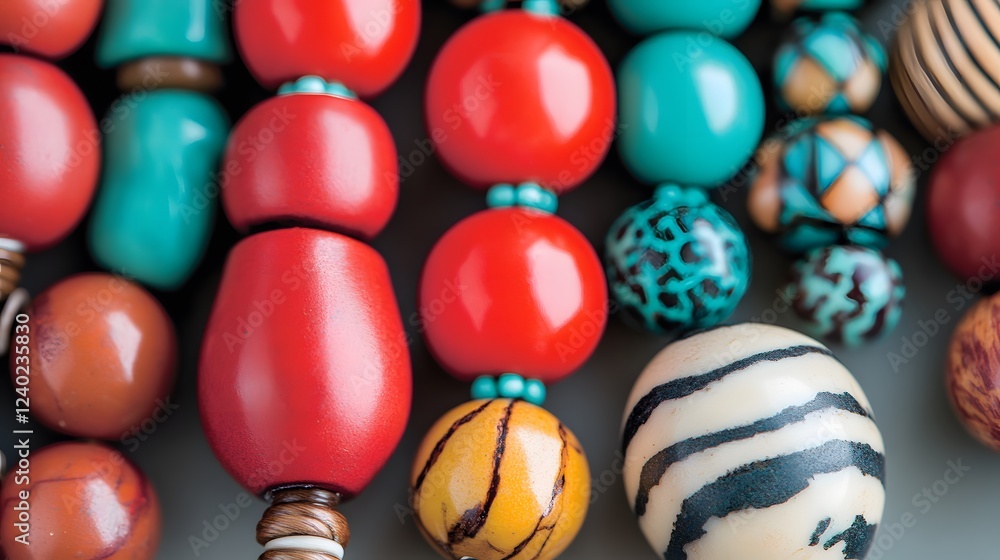 Fototapeta premium Closeup Vibrant Red Turquoise Wooden Beads Necklace Jewelry