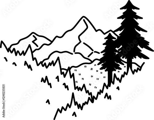 Hand-drawn mountain doodle outline illustration