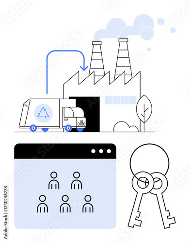 Recycling truck unloading at factory, team collaboration icons on app, and keys symbolizing access control. Ideal for sustainability, teamwork, security, digital solutions, efficiency, green tech