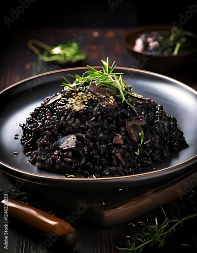 Risotto al nero di seppia is black risotto cooked with squid ink. photo