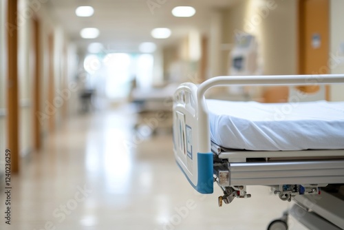 Hospital hallway bed, recovery, care, patients, blurry background, medical photo