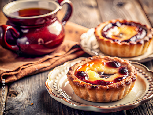 Tasty Portuguese tart with tea. Delicious dessert food background photo