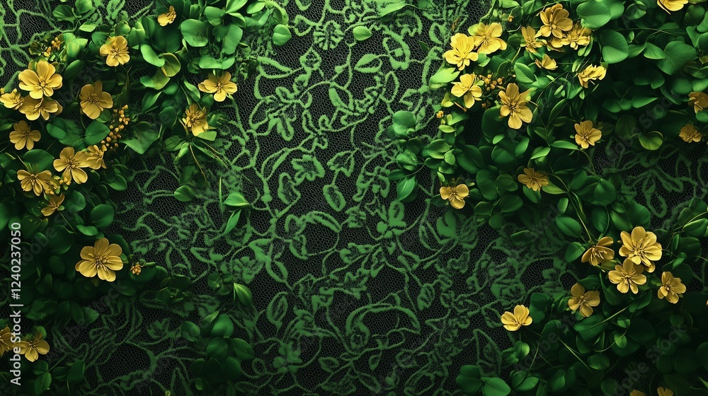 Vibrant green lace with floral designs, paired with delicate vines for a fresh, natural look. Vibrant green lace with floral designs, paired with delicate vines for a fresh, natural look.