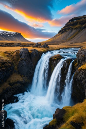 arafed waterfall in the middle of a grassy valley with a mountain in the background