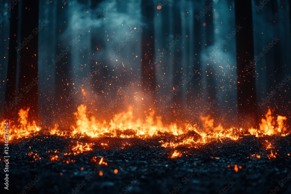 Forest fire sparks igniting ground amidst smoky trees Forest fire sparks igniting ground amidst smoky trees