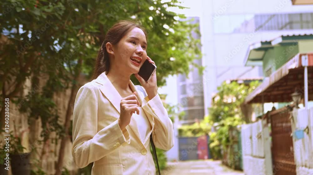 Beautiful Asian businesswoman walking on the street in a business center big city spending time on her mobile phone and smartphone for daily communication necessary for her life while traveling. Beautiful Asian businesswoman walking on the street in a business center big city spending time on her mobile phone and smartphone for daily communication necessary for her life while traveling.