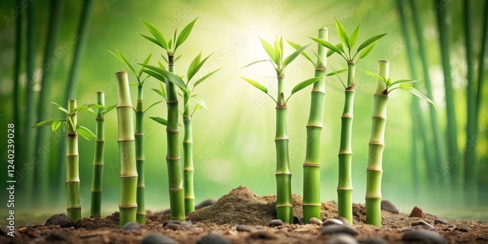 Obraz premium Serene Bamboo Shoots Emerging from Rich Soil in a Lush Green Forest Setting