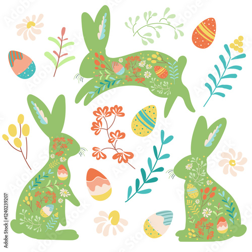 Happy Easter elements collection. Cute spring bunnies with floral texture, eggs and plants. Colorful flat vector templates for social media post, online advertising, flyer, invitation square design