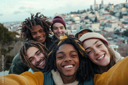 A diverse group of friends taking a selfie outdoors, all smiling