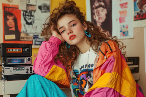 A teenage girl dressed in 90s fashion in a retro-themed room