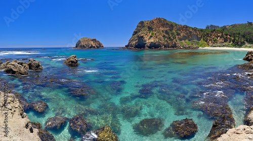 Stunning Coastal Scene,  Turquoise Waters, Rocky Coastline, and Islands