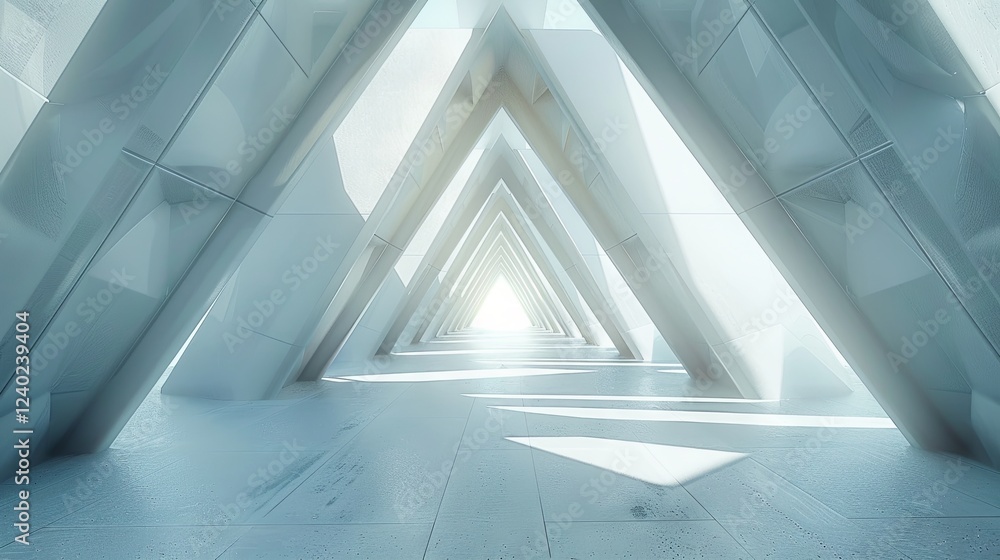White geometric triangles repeat to create a tunnel of light within an endless, symmetrical modern structure. Background with ample copy space White geometric triangles repeat to create a tunnel of light within an endless, symmetrical modern structure. Background with ample copy space