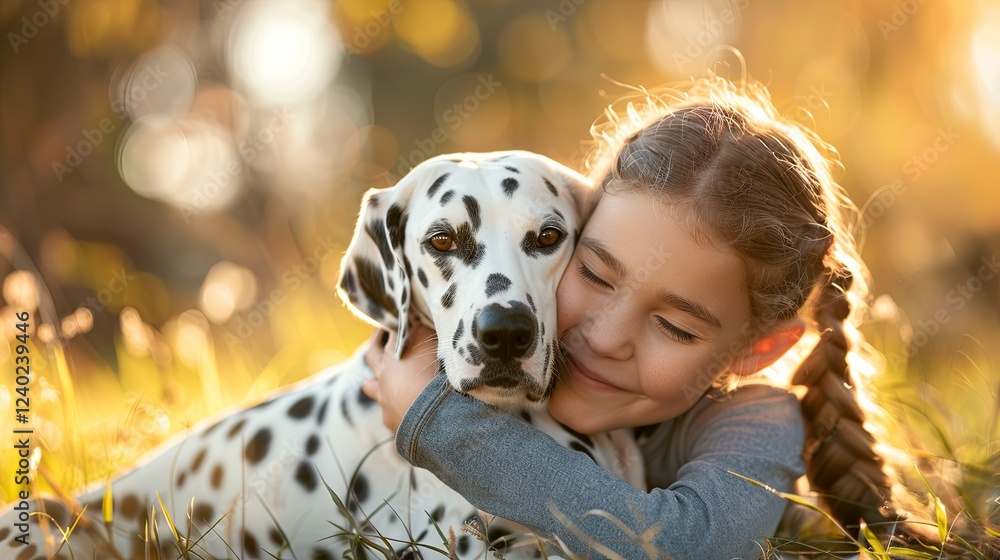 A girl embracing a Dalmatian dog on the grass, showing joy and friendship in a sunlit backyard A girl embracing a Dalmatian dog on the grass, showing joy and friendship in a sunlit backyard