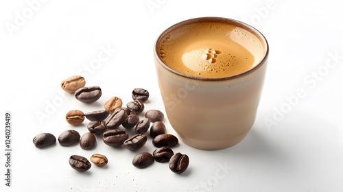 A photo-realistic image of a double-shot espresso in a small cup, with coffee beans scattered around, with a white background photo