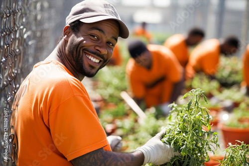 Inmate smiling while gardening in a prison program